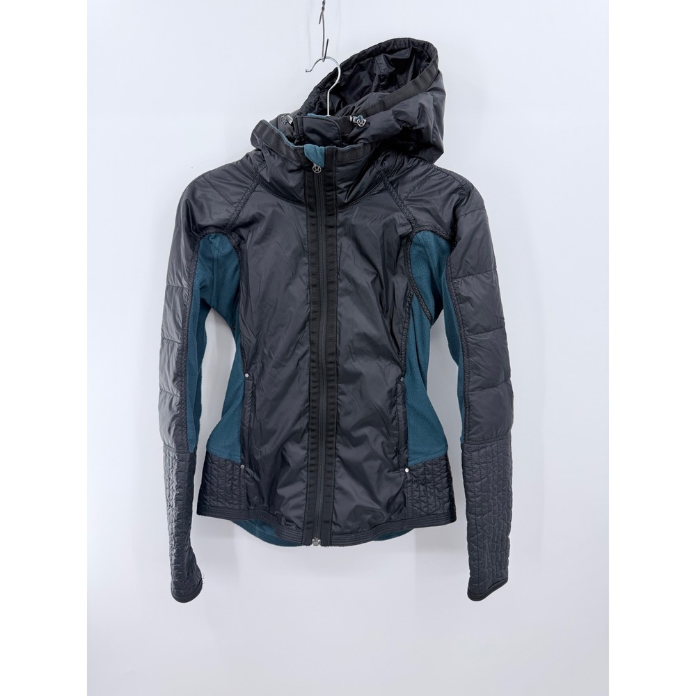 Lululemon Run Jacket Women 6 Black Teal Hybrid Quilted Fleece Hooded Full Zip